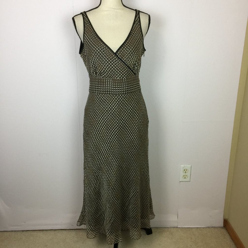 J Crew Sophia Midi Silk Dress Size 10 Womans Black Brown Plaid V-Neck Sleeveless